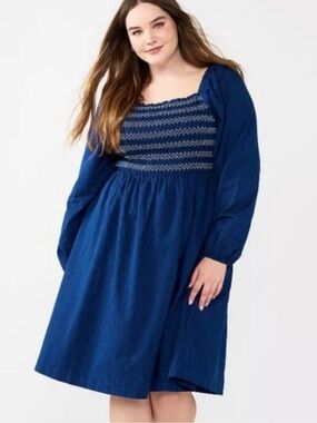 Draper James RSVP Navy Blue Square Neck Puff Sleeve Smocked Dress Long Sleeve 1X